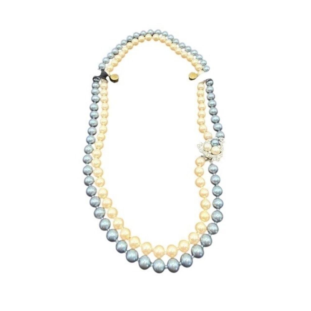 Prestige Faux Pearl Necklace Blue Cream Double Strand Rhinestone Clasp 20"